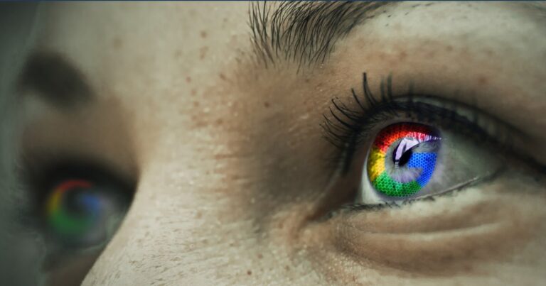 Close do rosto de uma mulher com as íris coloridas nas cores do Google: azul, vermelho, amarelo e verde